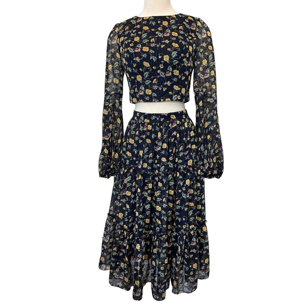 Dress The Population 2 piece Floral Sheer Sleeve Open Back Top Skirt NWOT size S